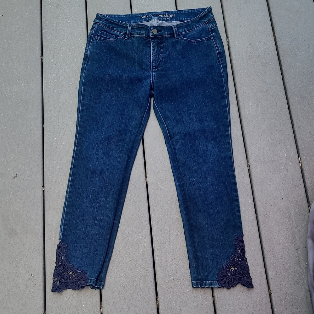 Soft Surroundings Blue Ankle Cropped Jeans with Lace Hem